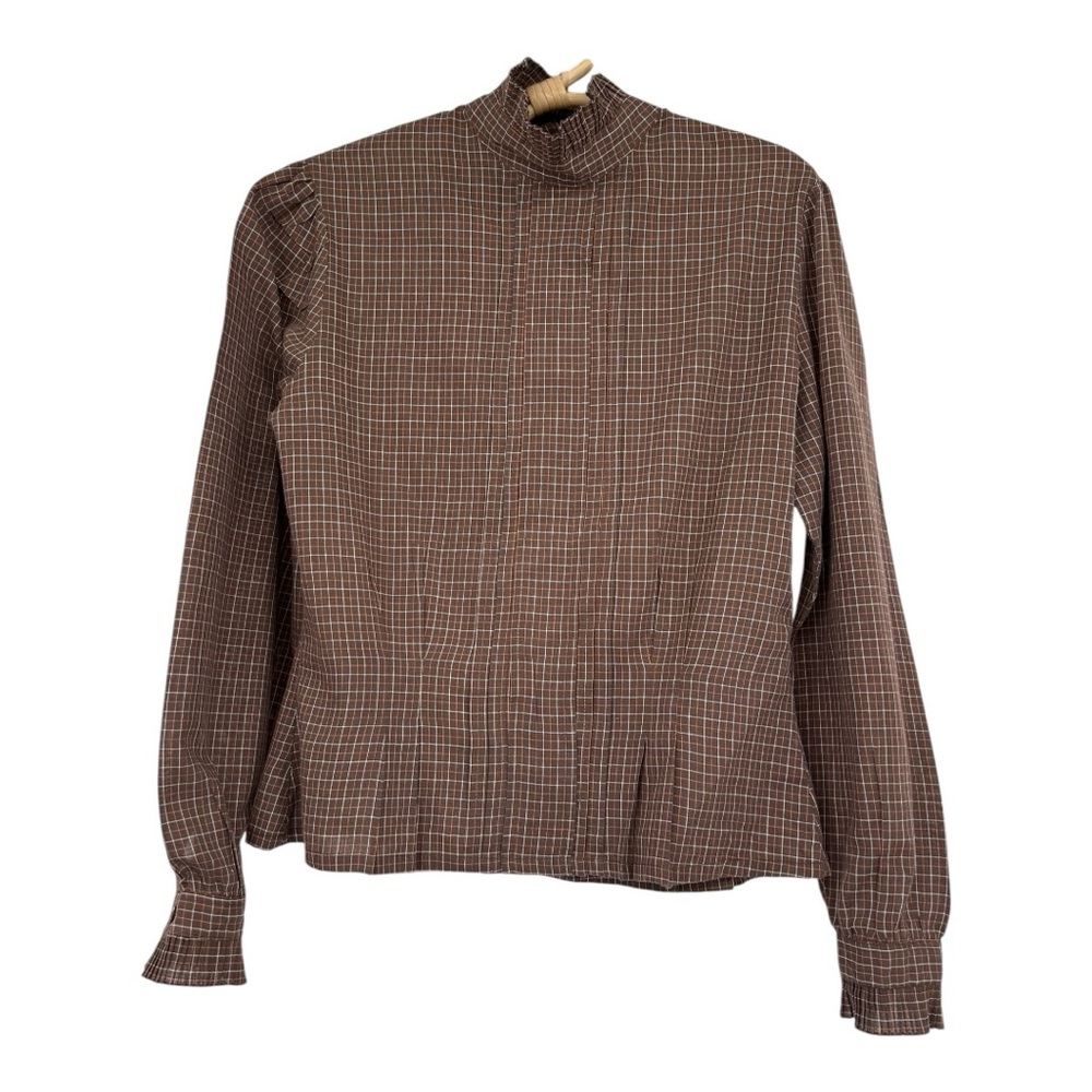 Vintage Brown Plaid Ruffle Neck Button Back Pleated Cuff Top Small by Cherry St